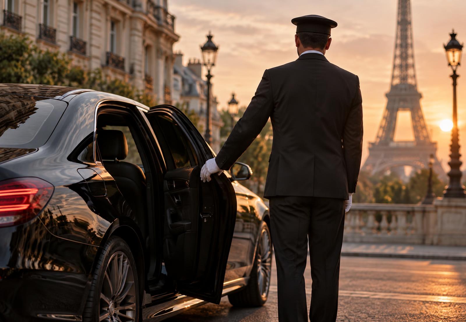 Chauffeur professionnel Paris Drivip ouvrant la portière d'une berline noire à Paris