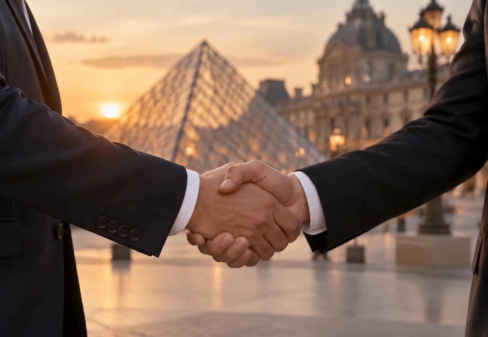 Poignée de main entre partenaires professionnels devant la pyramide du Louvre à Paris