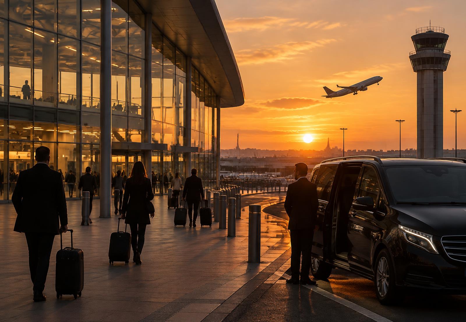 Chauffeur Paris Drivip attendant des voyageurs devant un terminal aéroport parisien